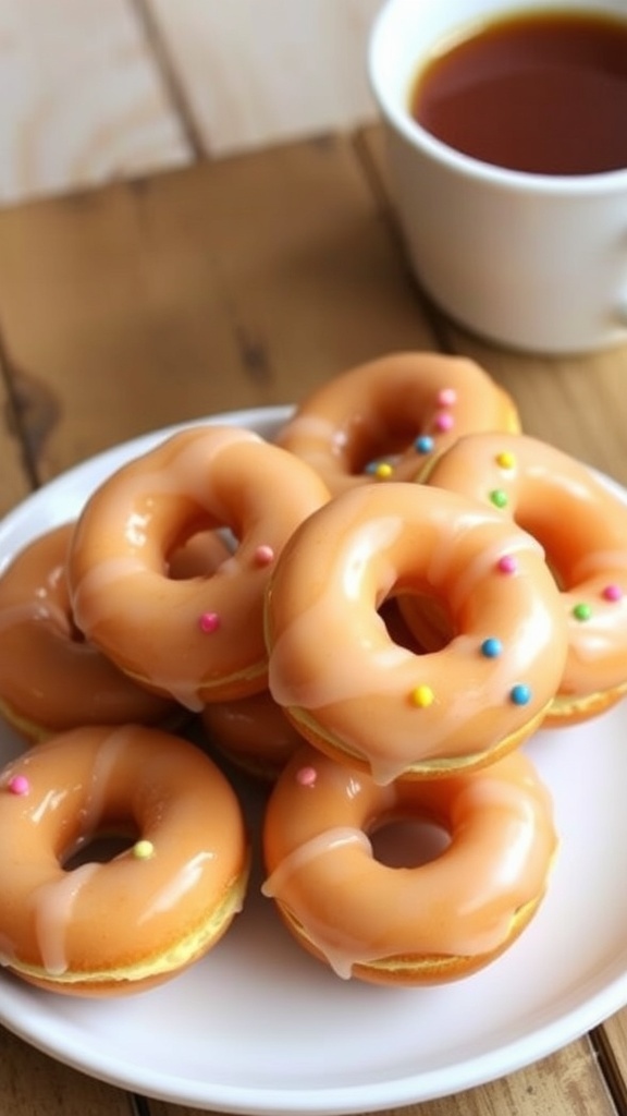 A plate of mini glazed donuts with sprinkles on a rustic wooden table next to a cup of coffee.